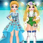 青い花柄ドレスの女性と緑の妖精コスチュームの女性が並んで立っている。