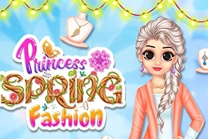 青い背景に白い髪の女性が春らしいファッションで立ち、「Princess Spring Fashion」の文字と装飾が施されています。
