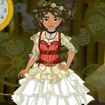 帽子とゴーグルを身につけた女性がレトロな衣装を着て立っている。