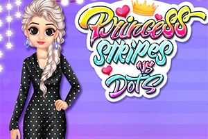 ドットのワンピースを着たキャラクターとカラフルな文字デザイン。