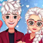白髪のキャラクターのカップルが微笑み合い、背景にハートが浮かぶイラスト。
