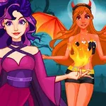 紫色のドレスを着た女性と、オレンジ色の翼と角を持つ炎の衣装の女性が夜の背景に立っているイラスト。