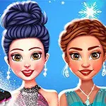 氷の結晶が背景にある青いドレスの女性と紫のドレスの女性が微笑み、隣にはスケート靴が配置されている。
