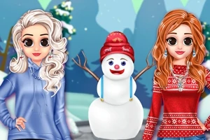 雪の中で青いジャケットの女性と赤いセーターの女性が雪だるまと並んでいるイラスト。