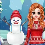 雪の中で青いジャケットの女性と赤いセーターの女性が雪だるまと並んでいるイラスト。