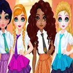 5人のアニメ風の女の子がカラフルな制服を着て並んでいる。