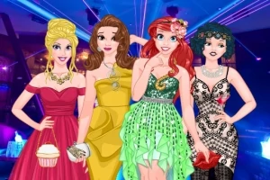 4人の女性が華やかなドレスを着てポーズをとっているパーティーシーン。