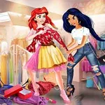 ショッピング中の2人の女性が服を選んでいる様子。