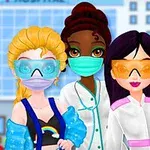 3人のキャラクターが医療用マスクと保護メガネを着用している。