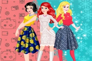 3人の女性キャラクターが、それぞれ異なるドレスと背景の前でポーズをとっているイラスト。