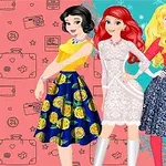 3人の女性キャラクターが、それぞれ異なるドレスと背景の前でポーズをとっているイラスト。