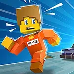 オレンジ色の囚人服を着たキャラクターが警察のパトカーから逃げている場面。
