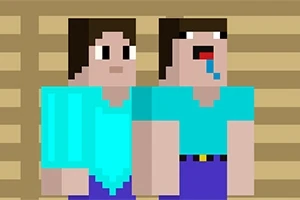 青い服を着た二人のブロック状のキャラクターが並んで立っていて、片方のキャラクターは口からよだれをたらしています。