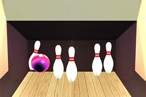 ボウリングで紫色のボールがピンを倒している様子。