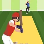 赤いヘルメットをかぶったバッツマンが黄色いピッチでボウラーと対峙しているクリケットのイラスト。