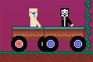 紫色の背景に、車に乗った二人のキャラクターが描かれているピクセルアート。