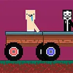 紫色の背景に、車に乗った二人のキャラクターが描かれているピクセルアート。