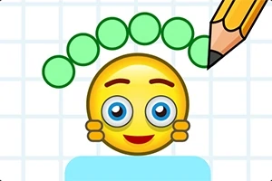 鉛筆で描かれた緑の円の列の下に、笑顔の黄色の顔のイラスト。