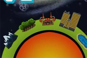 小さな惑星の上に山、森、建物、池が配置されている。