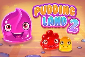 紫色、赤色、黄色のぷるぷるしたキャラクターと「PUDDING LAND 2」のタイトルが描かれているカラフルな背景の画像。