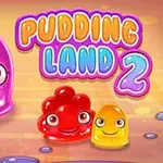 紫色、赤色、黄色のぷるぷるしたキャラクターと「PUDDING LAND 2」のタイトルが描かれているカラフルな背景の画像。