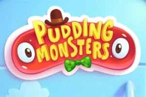 赤いプディング型のキャラクターに黄色い文字で「PUDDING MONSTERS」と書かれたロゴ、茶色の帽子と緑の蝶ネクタイ付き。