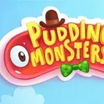 赤いプディング型のキャラクターに黄色い文字で「PUDDING MONSTERS」と書かれたロゴ、茶色の帽子と緑の蝶ネクタイ付き。