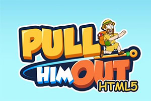 探検家のキャラクターと「PULL HIM OUT HTML5」と書かれたカラフルなロゴ。