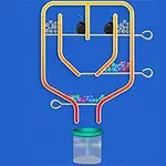 青い背景に、パイプと仕切りを使って色とりどりの玉を容器に導く構造。