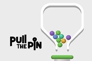 白背景に、多色のボールが入った漏斗状の容器と「PULL THE PIN」の文字があります。