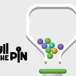 白背景に、多色のボールが入った漏斗状の容器と「PULL THE PIN」の文字があります。