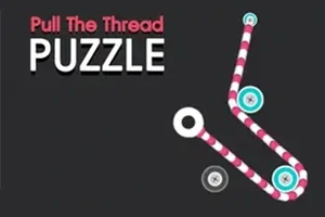 黒い背景に「Pull The Thread PUZZLE」の文字と、三色のボタンに挿されたストライプの糸が描かれている画像。