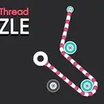 黒い背景に「Pull The Thread PUZZLE」の文字と、三色のボタンに挿されたストライプの糸が描かれている画像。