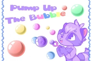 紫色のキャラクターがシャボン玉を吹いている、カラフルな泡と「Pump Up The Bubble」という文字が描かれたイラスト。
