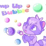 紫色のキャラクターがシャボン玉を吹いている、カラフルな泡と「Pump Up The Bubble」という文字が描かれたイラスト。