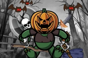 ハロウィンのカボチャの頭を持つキャラクターが、コウモリと共に不気味な森の背景で武器を持っている。