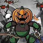 ハロウィンのカボチャの頭を持つキャラクターが、コウモリと共に不気味な森の背景で武器を持っている。