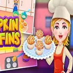 女性シェフがカボチャのマフィンを持っており、料理手順のイラストが背景にある。