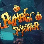 ハロウィン風の背景に、3つの笑顔のカボチャと「Pumpkin Smasher」と書かれた文字が描かれているイラスト。