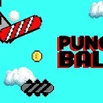 青空の背景に雲と「PUNCH BALL」という文字、チェーンで吊り下げられた赤と黒のプラットフォーム、そして黄色のコインが描かれている画像。