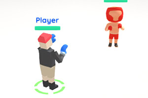 青い手袋をつけたキャラクターと赤い防具をつけたキャラクターが向かい合っている。
