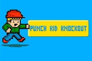 赤い帽子をかぶったピクセルアートのキャラクターが、黄色い背景の「PUNCH KID KNOCKOUT」という文字の横に立っている。