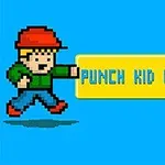 赤い帽子をかぶったピクセルアートのキャラクターが、黄色い背景の「PUNCH KID KNOCKOUT」という文字の横に立っている。