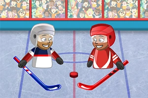 ホッケーリンクでフェイスオフをする二人のアニメキャラクターが観客の前に立っている。