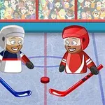 ホッケーリンクでフェイスオフをする二人のアニメキャラクターが観客の前に立っている。