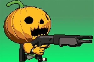 カボチャの頭を持つキャラクターが銃を構えているピクセルアート。