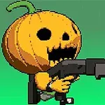 カボチャの頭を持つキャラクターが銃を構えているピクセルアート。