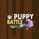 紫色の犬が青いビームを発射しているイラストと「PUPPY BATTLE」の文字。