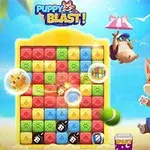 ビーチで楽しそうに遊ぶ犬のキャラクターとカラフルなブロックパズル。