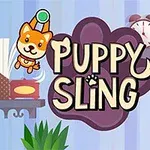 イラストには、「Puppy Sling」というタイトルと、吊るされた2匹のかわいい犬のキャラクターが描かれています。
